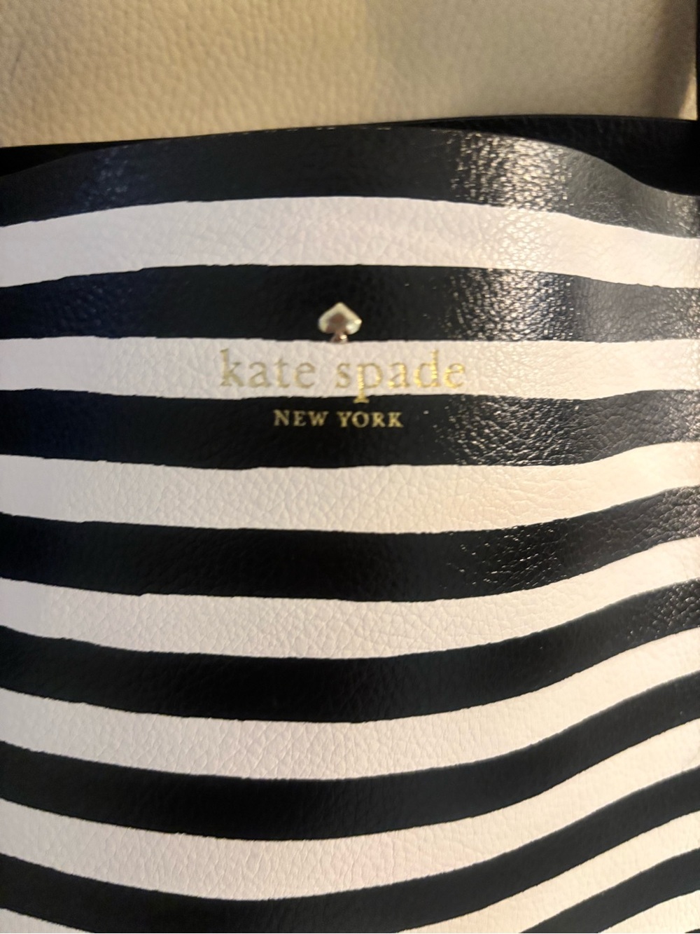 kate spade Black and White Striped Tote with Gold Logo